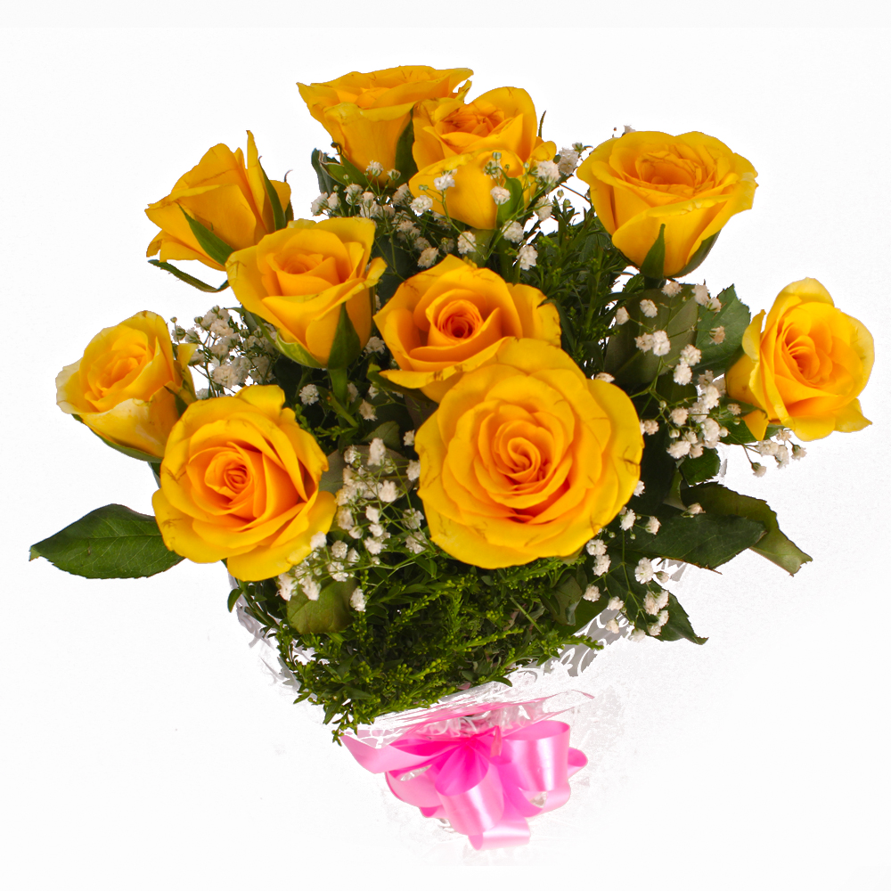 Ten Yellow Roses Hand Tied Cellophane Wrapped