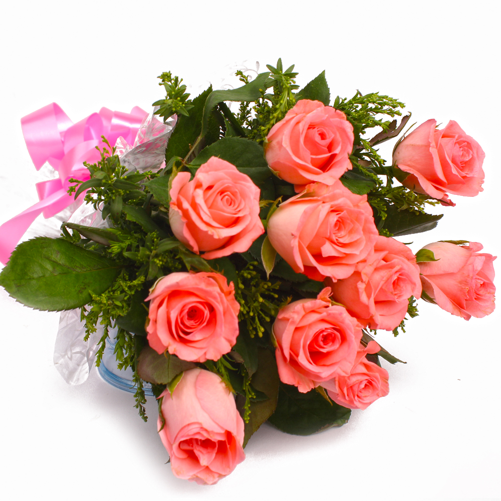 Ten Pink Roses Bunch Cellophane Wrapped