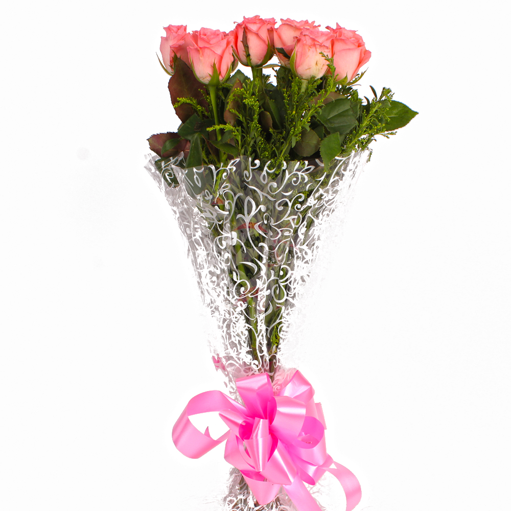 Ten Pink Roses Bunch Cellophane Wrapped