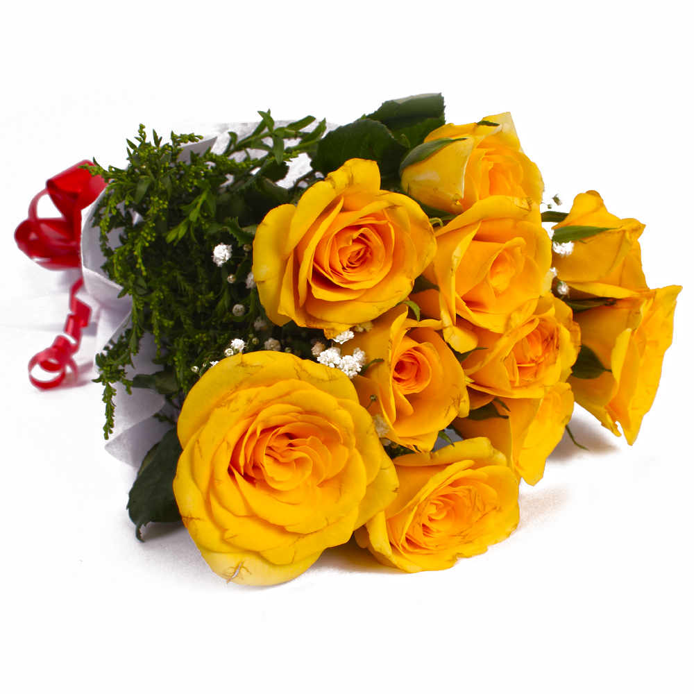 Bunch of Ten Yellow Roses Tissue Wrapped