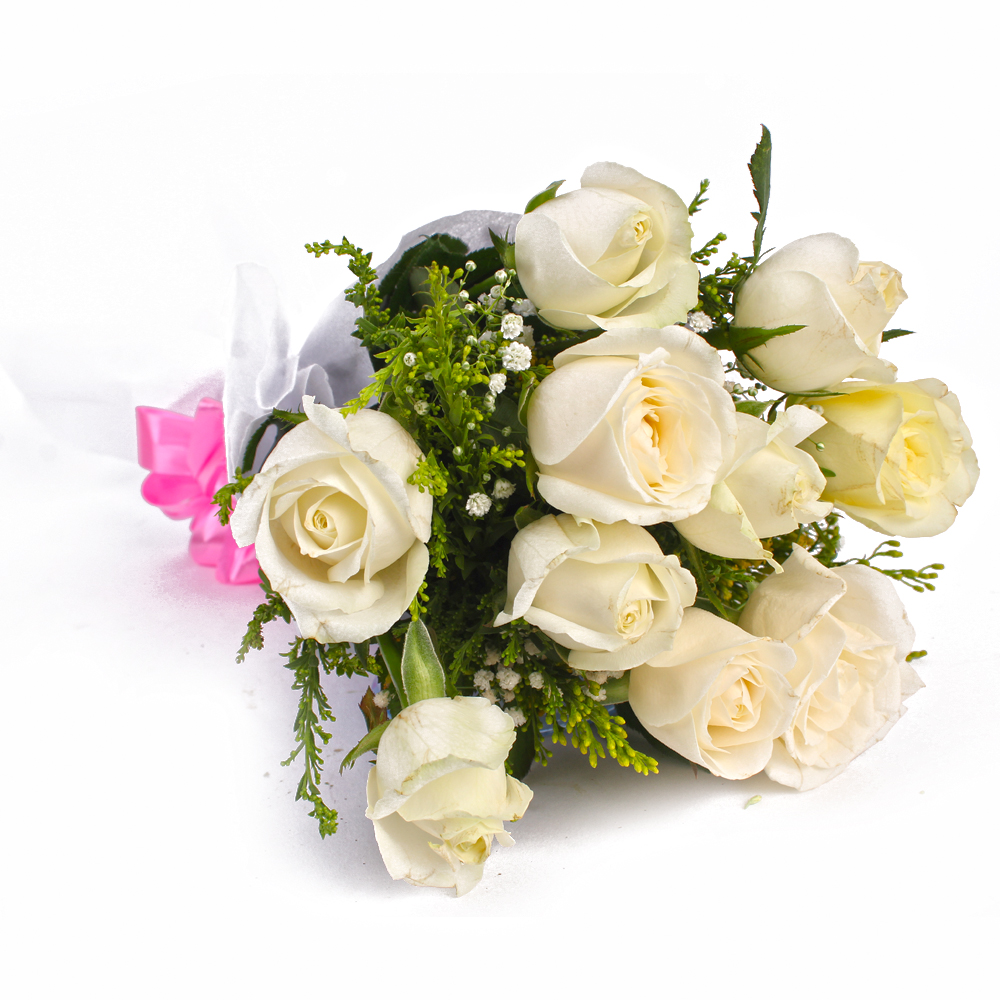 Bunch of Ten White Roses Tissue Wrapping