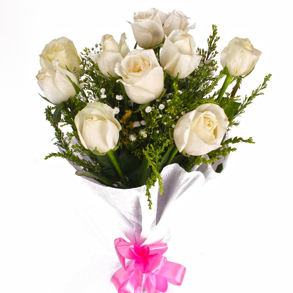 Bunch of Ten White Roses Tissue Wrapping
