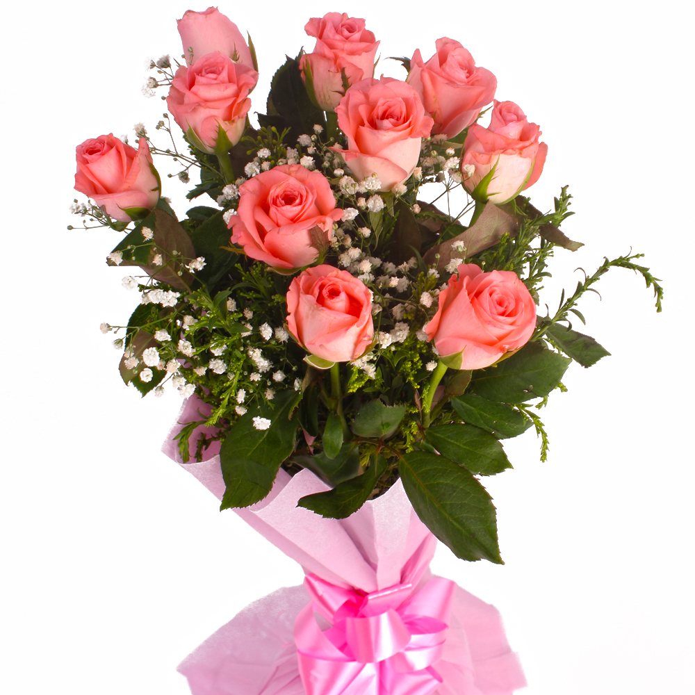 Attactive Bouquet of Ten Pink Roses Tissue Wrapping