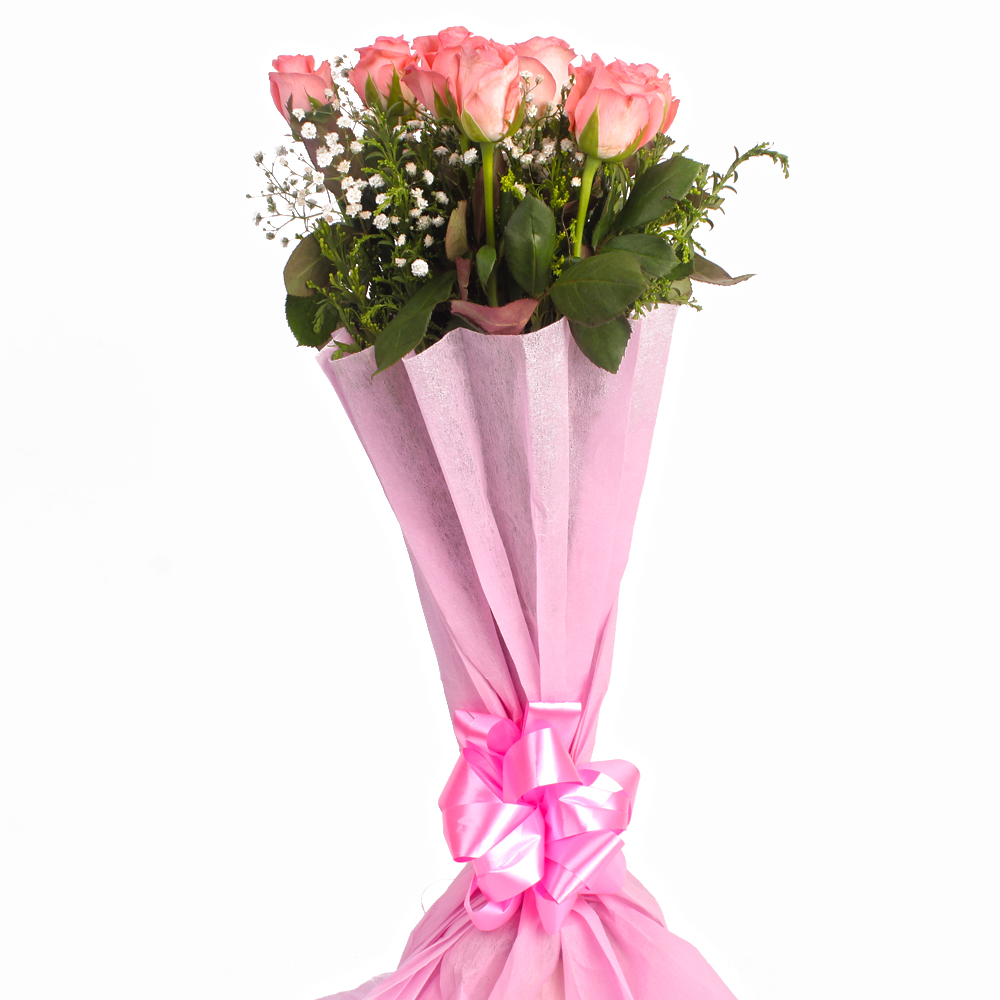 Attactive Bouquet of Ten Pink Roses Tissue Wrapping