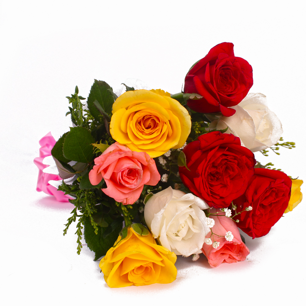 Bunch of Ten Colorful Roses with Tissue Wrapping