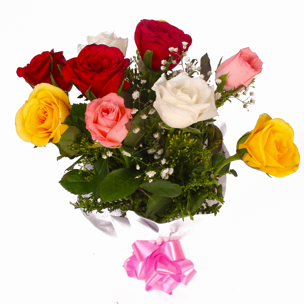 Bunch of Ten Colorful Roses with Tissue Wrapping