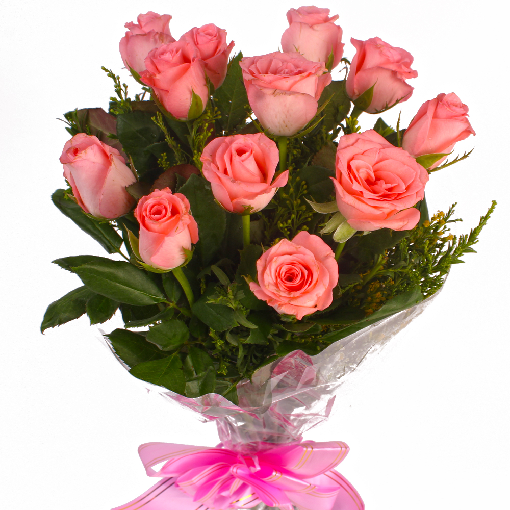 Dozen Pink Roses in Cellophane Wrapped