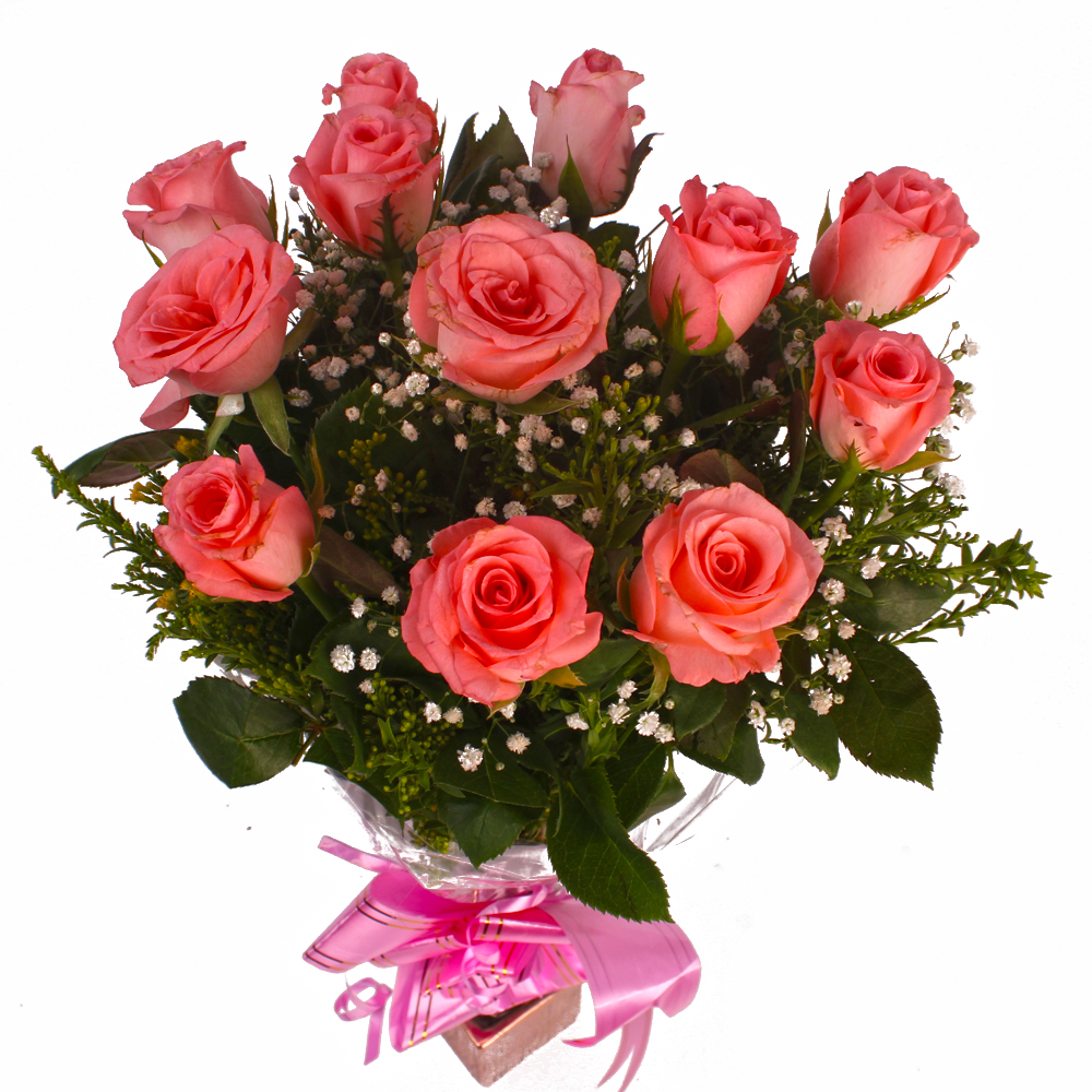 Cellophane Wrapped Bunch of Dozen Pink Roses