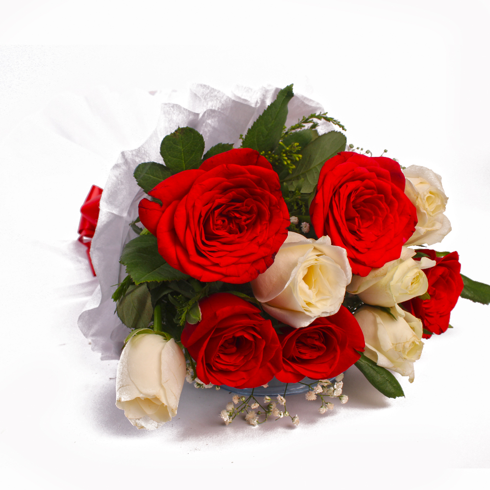 Bouquet of Ten Red And White Rose Tissue Wrapped