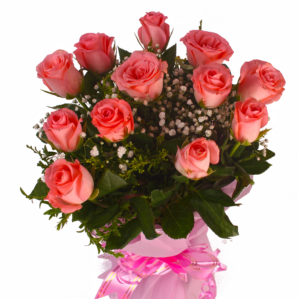 Aesthetic Bouquet of 12 Pink Roses