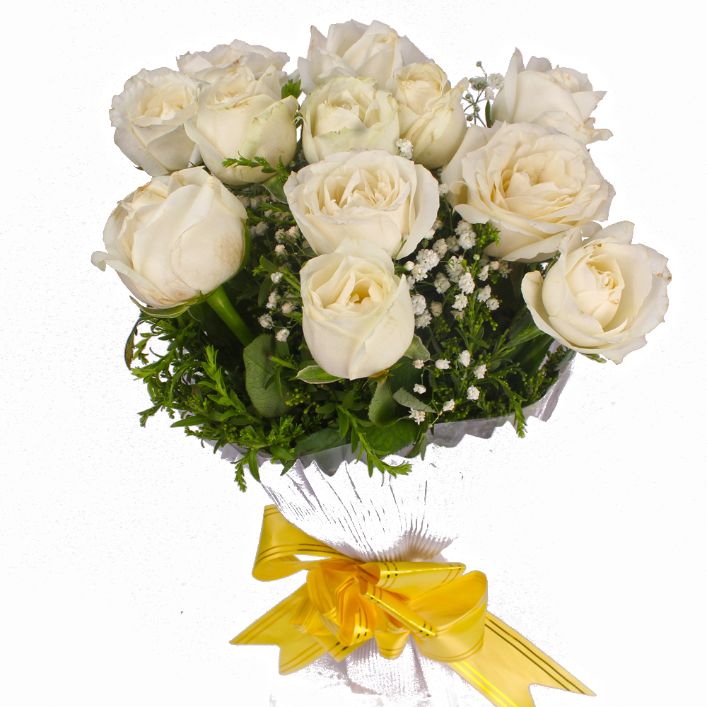 Unblemished White Roses Bunch in Tissue Wrapping