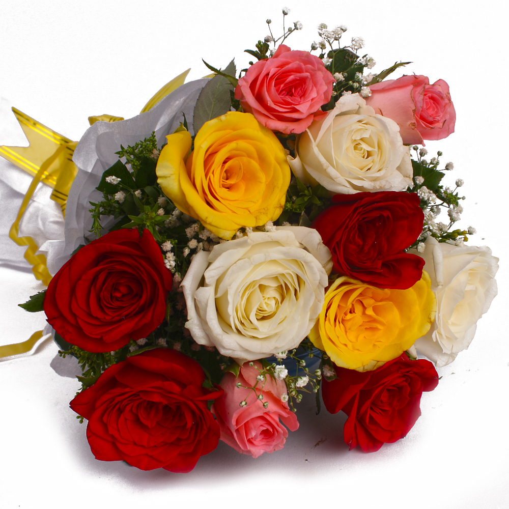 Twelve Mix Roses in Tissue Wrap Bunch