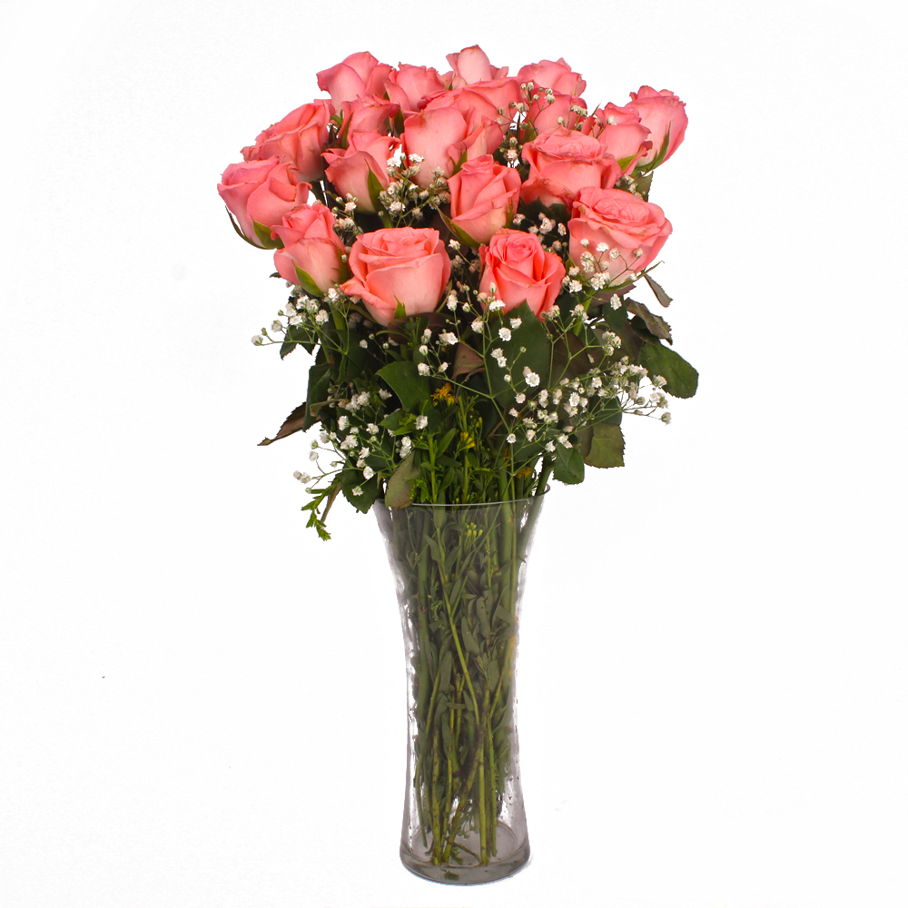 Twenty Pink Roses in Glass Vase