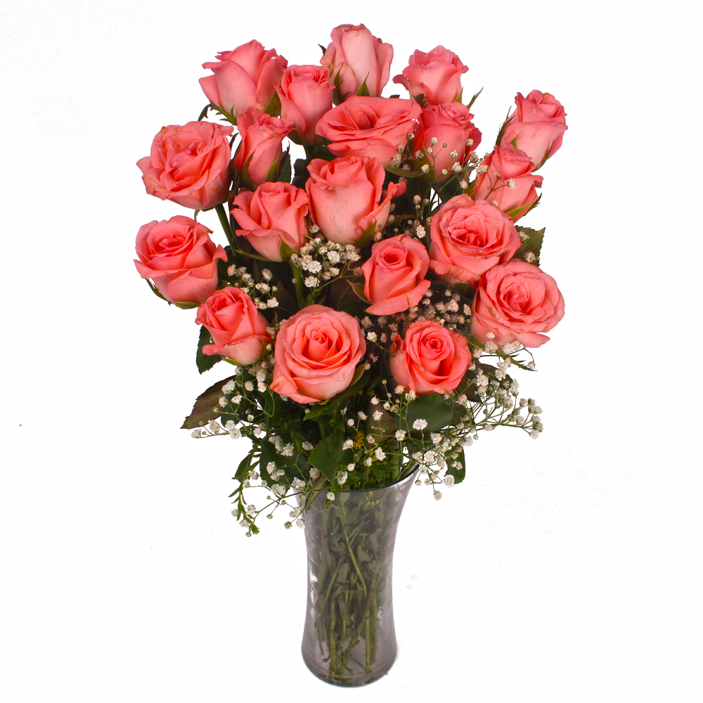 Twenty Pink Roses in Glass Vase