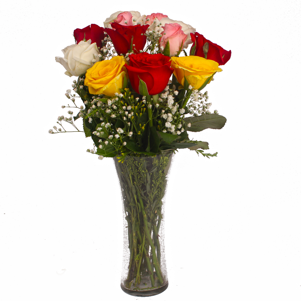 Glass Vase of Dozen Multi Color Roses