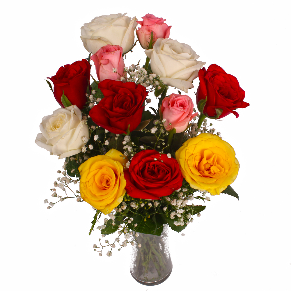 Glass Vase of Dozen Multi Color Roses