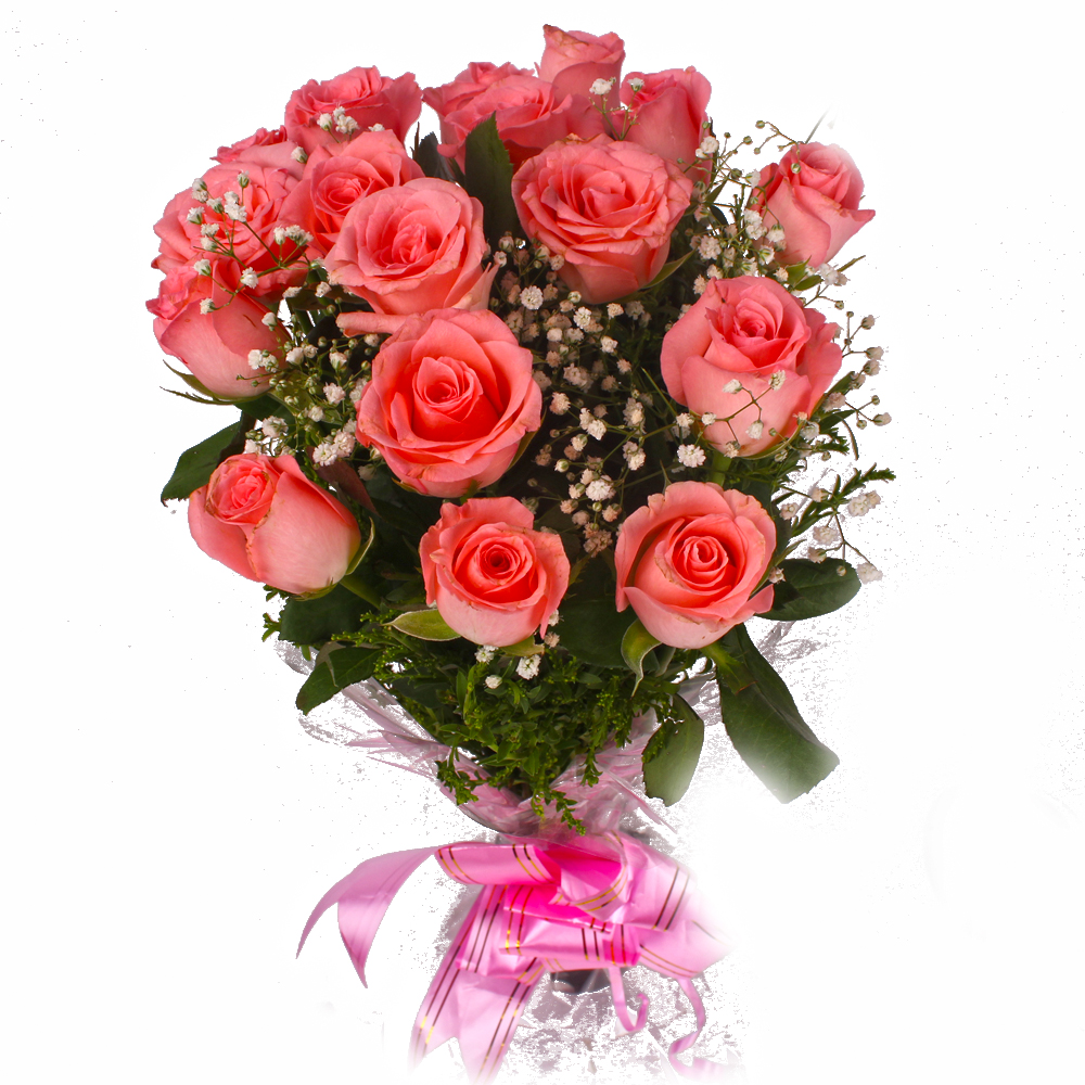 Eighteen Pink Roses Cellophane Wrapping Bouquet