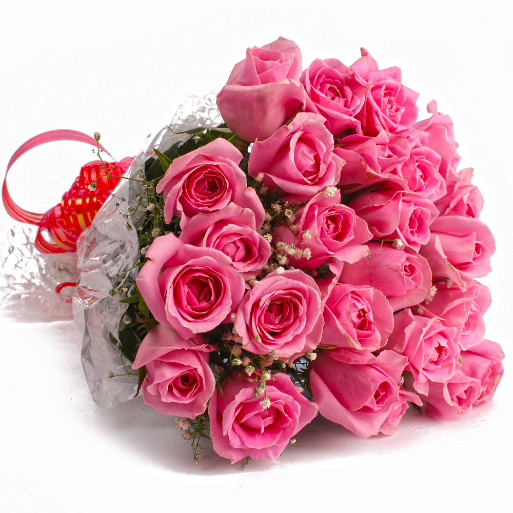 Fresh 25 Pink Roses Cellpohane Hand Tied Bouquet
