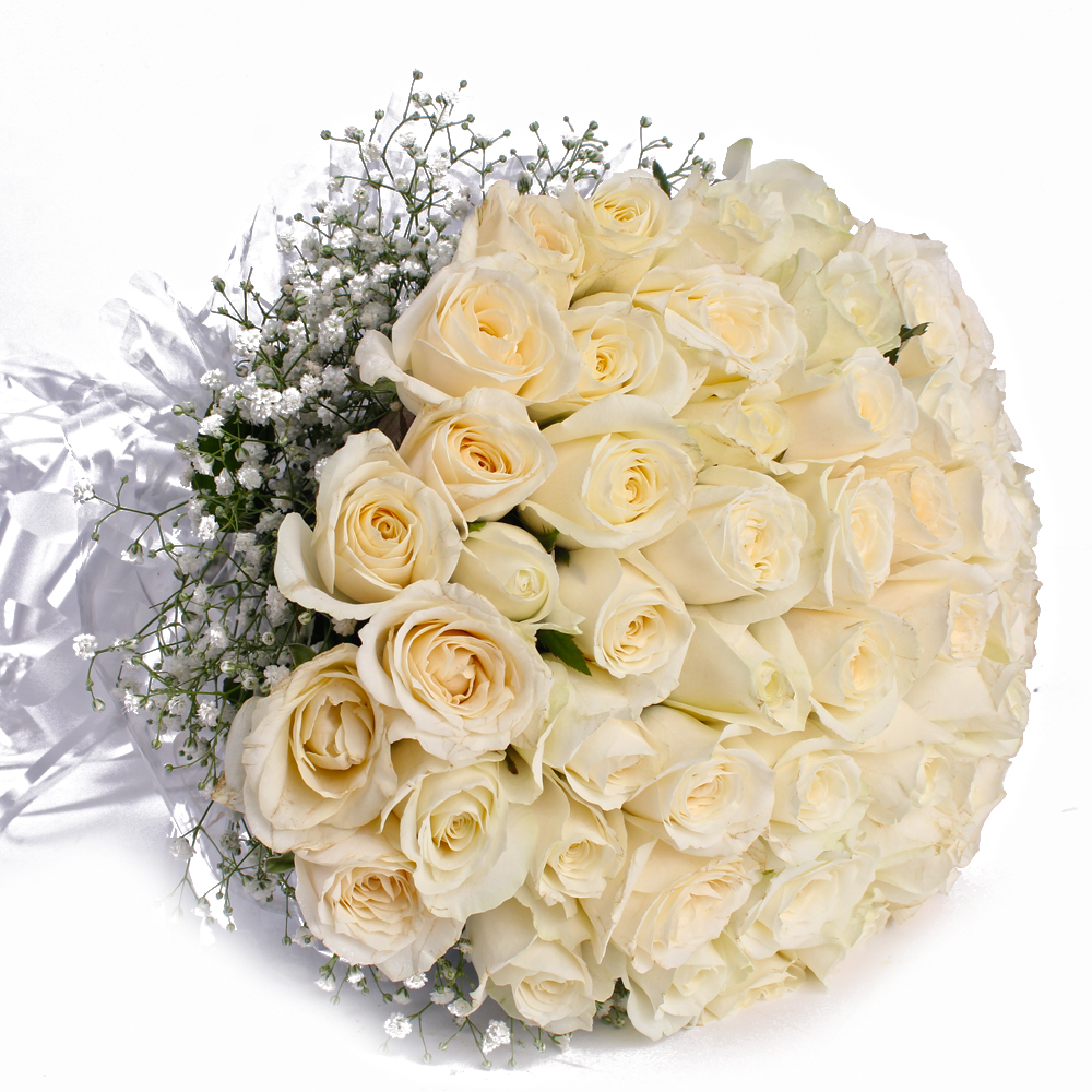 Fifty White Roses Hand Tied Bouquet