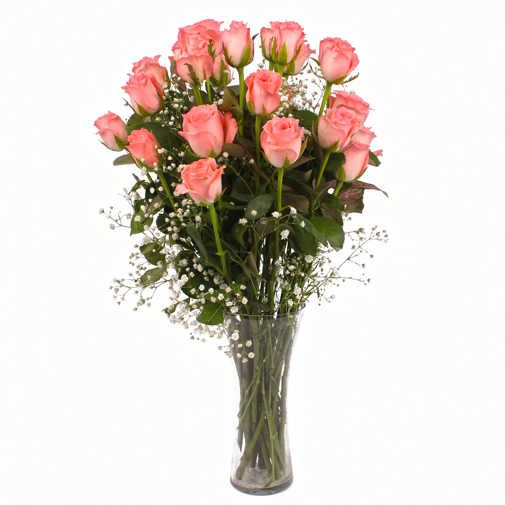 Glass Vase of Twenty Light Pink Roses