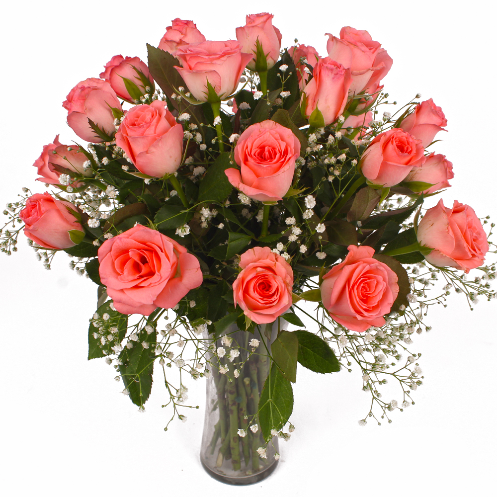 Glass Vase of Twenty Light Pink Roses