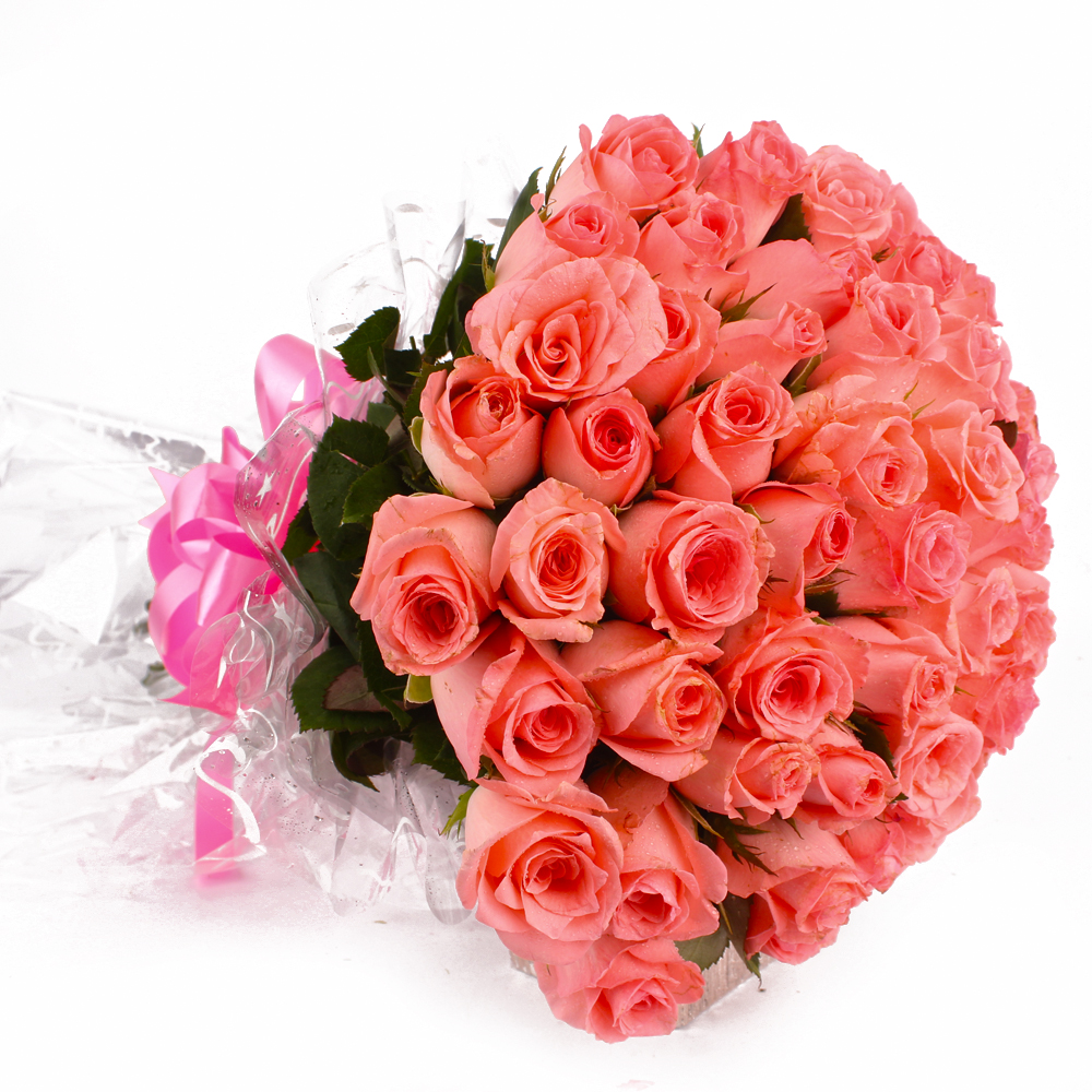 Bouquet of Forty Soft Pink Roses with Cellophane Wrapping