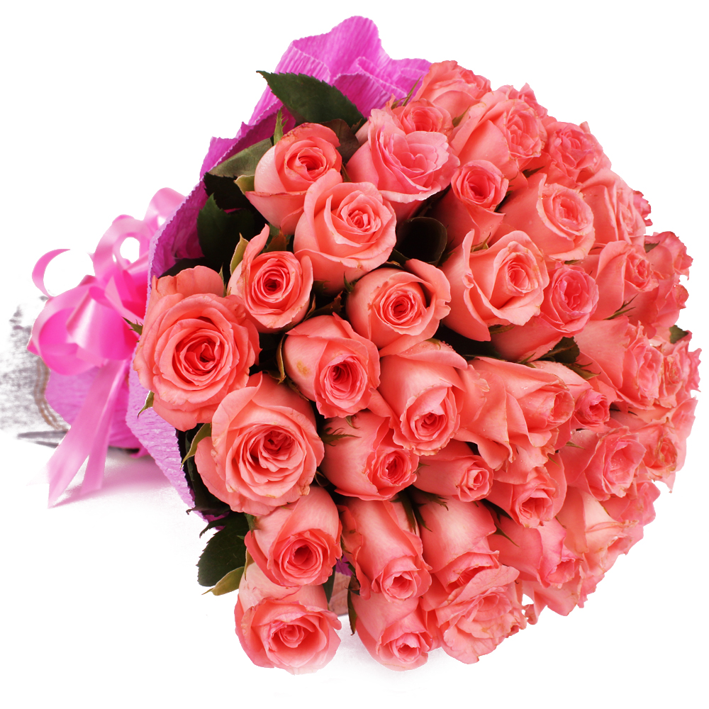 Bunch of 50 Pink Roses in Tissue Paper Packing