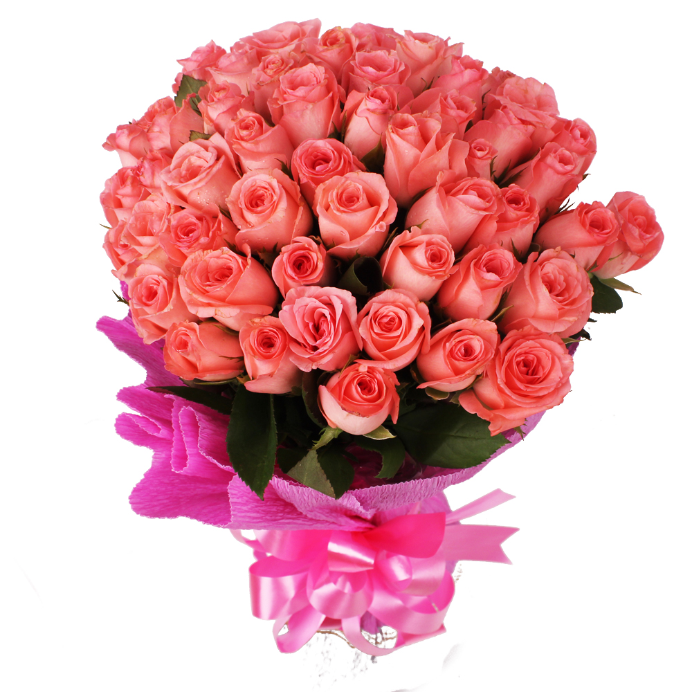 Bunch of 50 Pink Roses in Tissue Paper Packing