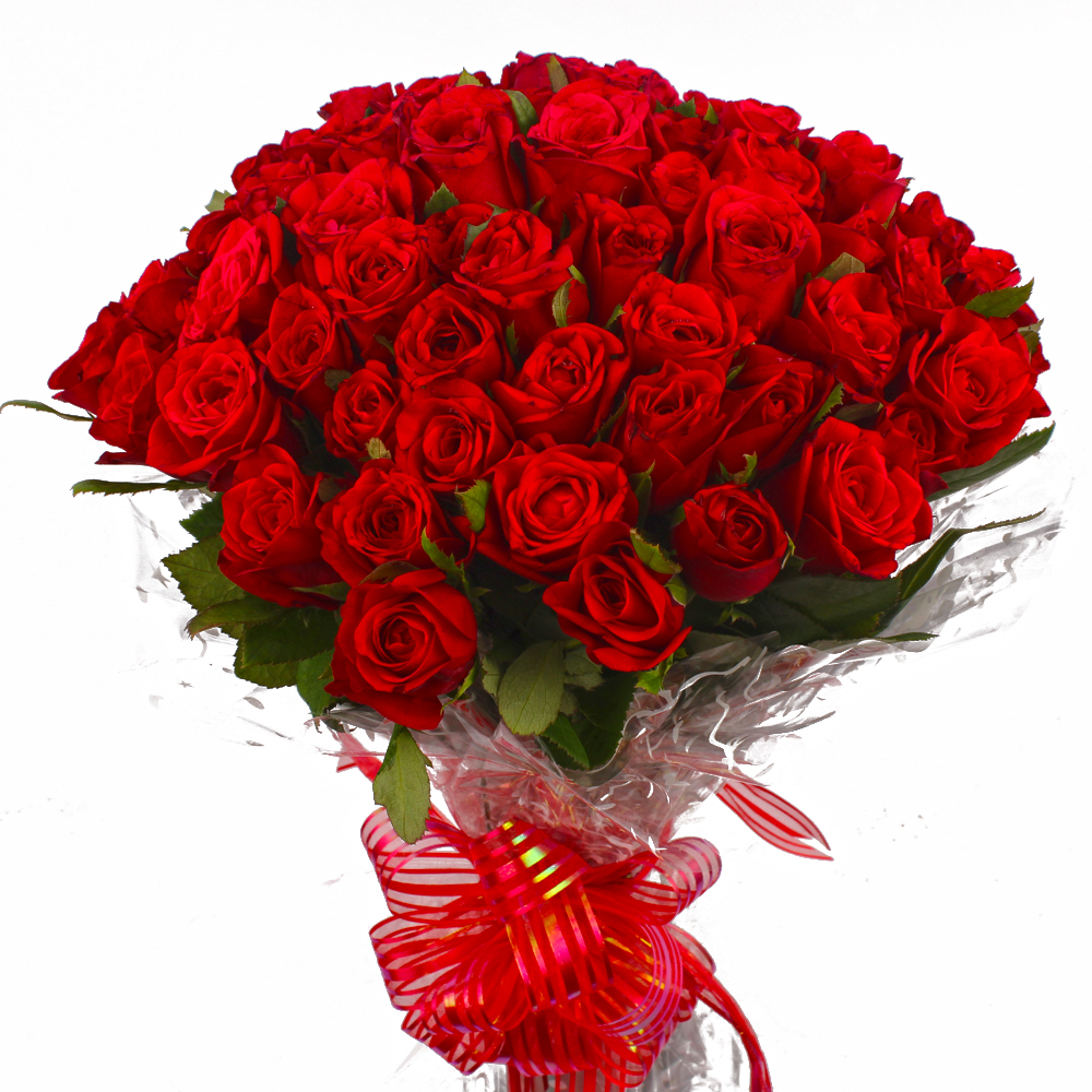 Bunch of 50 Red Roses in Cellophane Packing