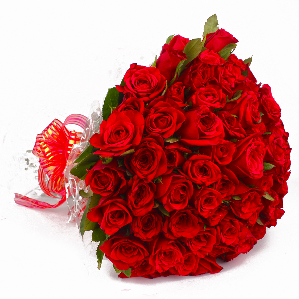 Bunch of 50 Red Roses in Cellophane Packing