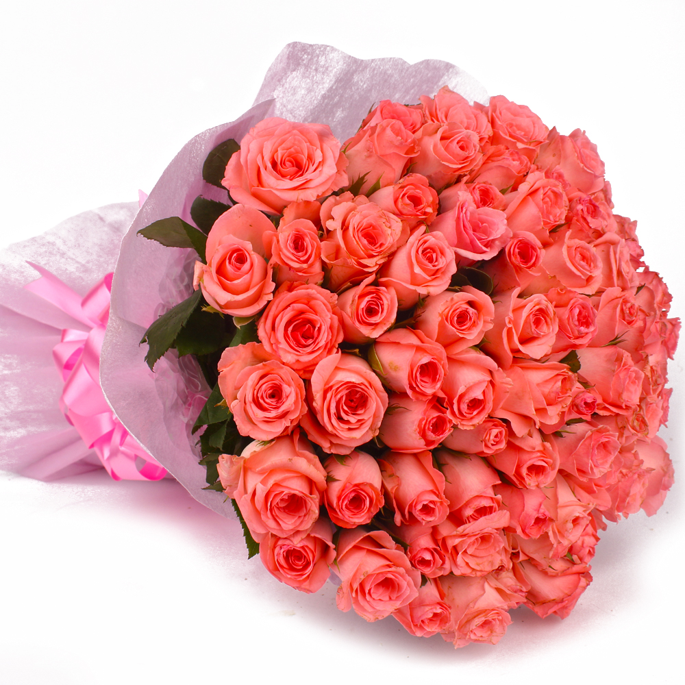 Designer Pink Roses Bouquet with Tissue Packing