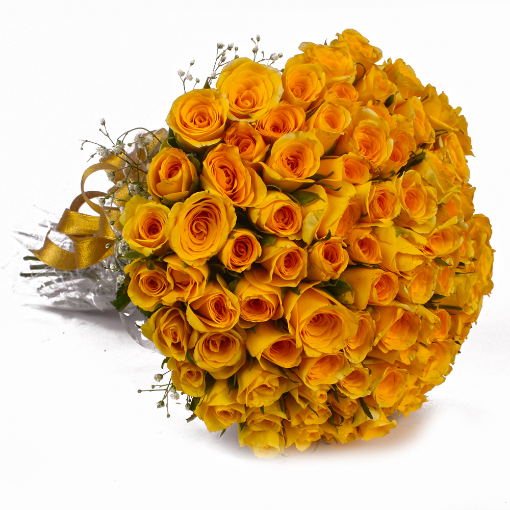 Bouquet of 75 Yellow Roses with Cellophane Packing