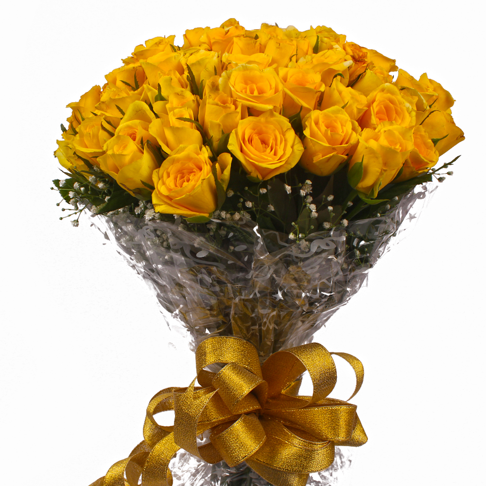 Bouquet of 75 Yellow Roses with Cellophane Packing