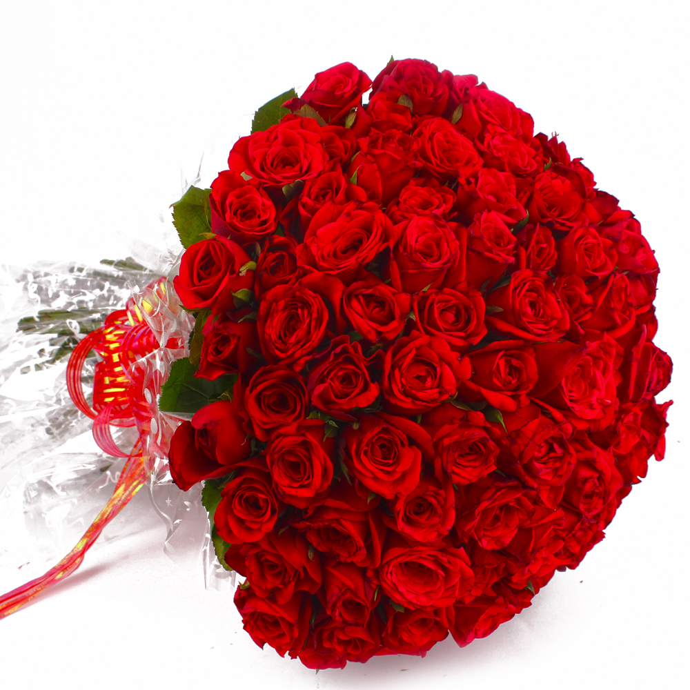 Fresh 100 Red Roses Bouquet with Cellophane Packing Best Price
