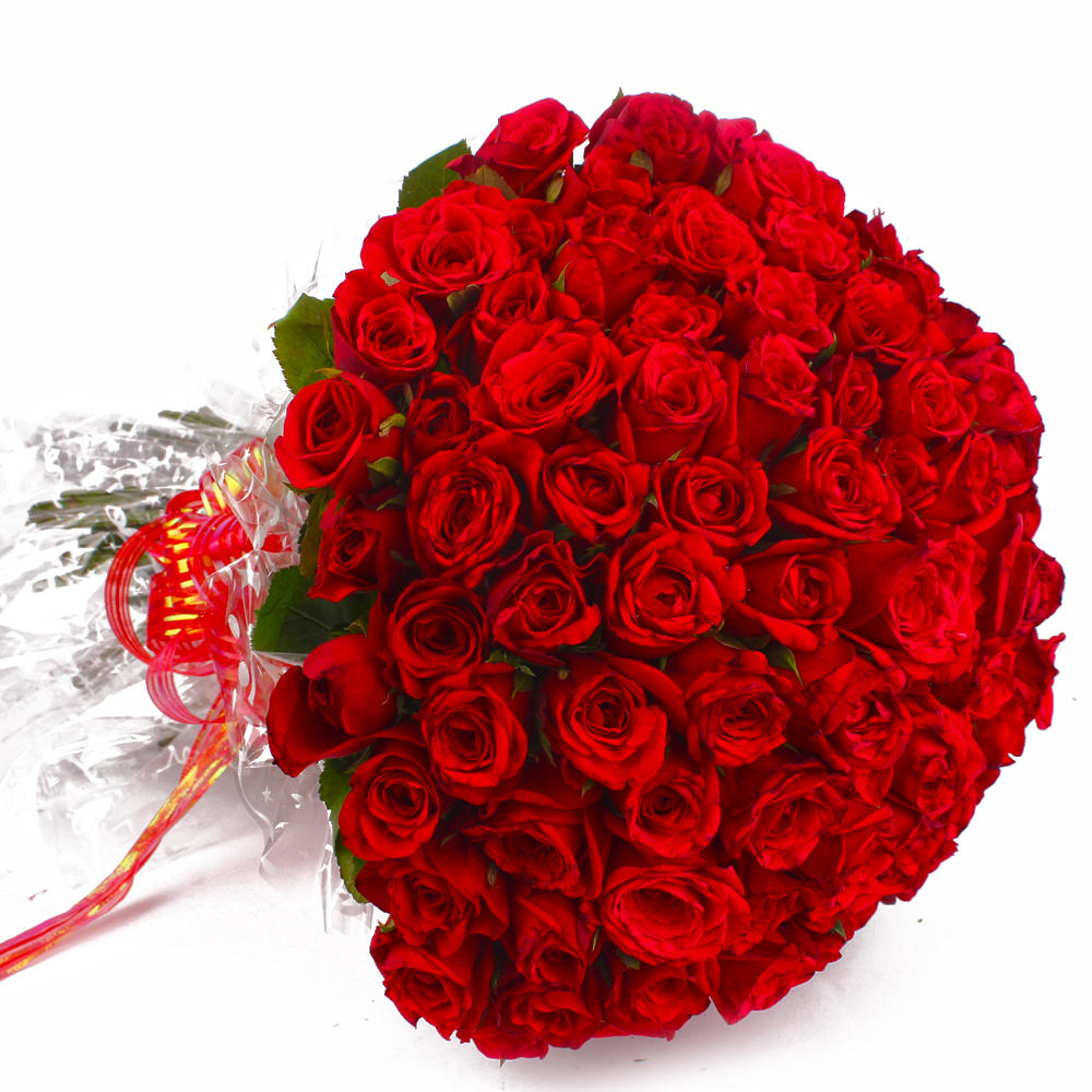 Fresh 100 Red Roses Bouquet with Cellophane Packing