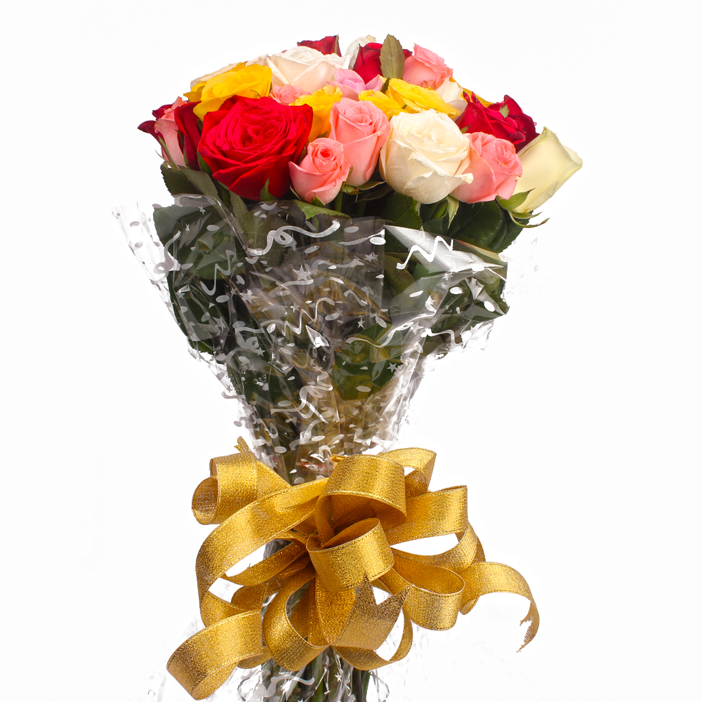 Forty Colorful Roses in Cellophane Wrapped