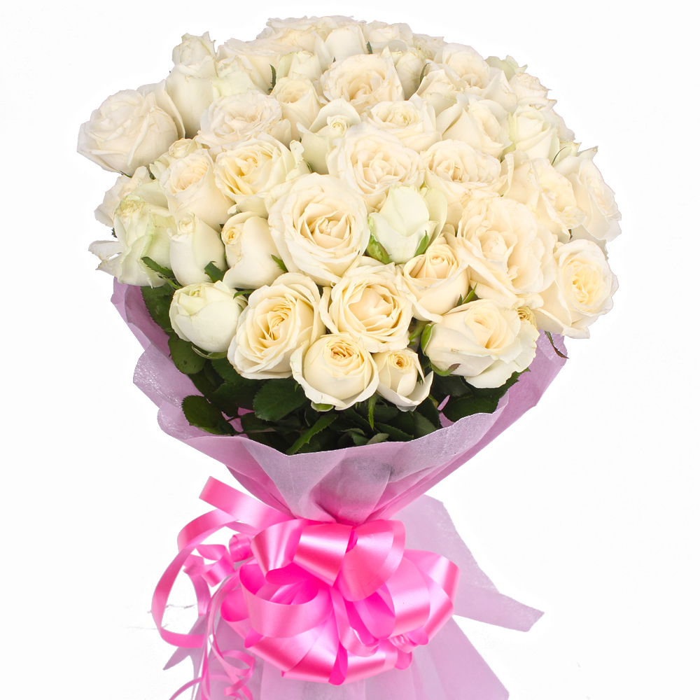 Fifty White Roses Bunch with Tissue Packing