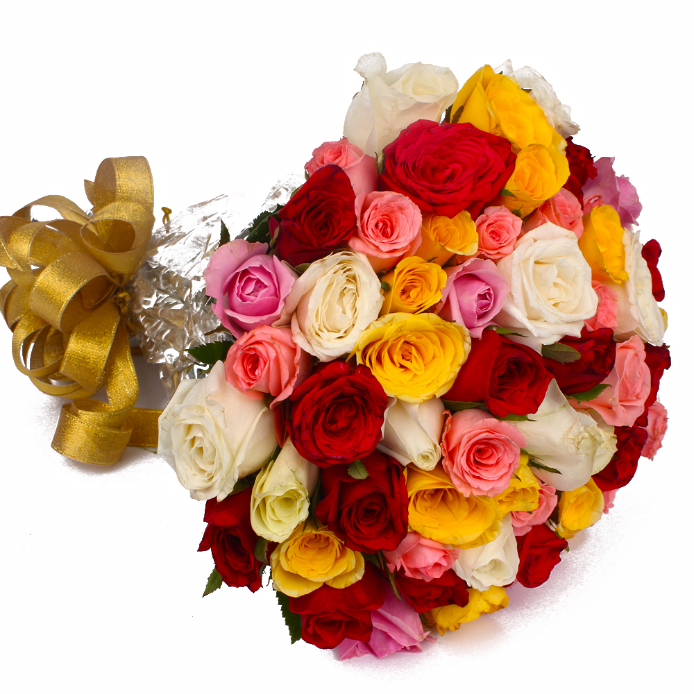 Fifty Multi Color Roses Round Bunch with Cellophane Packing