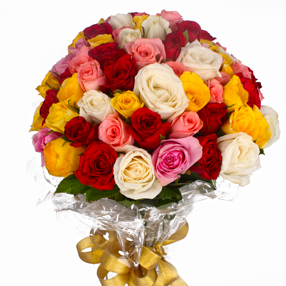 Fifty Multi Color Roses Round Bunch with Cellophane Packing