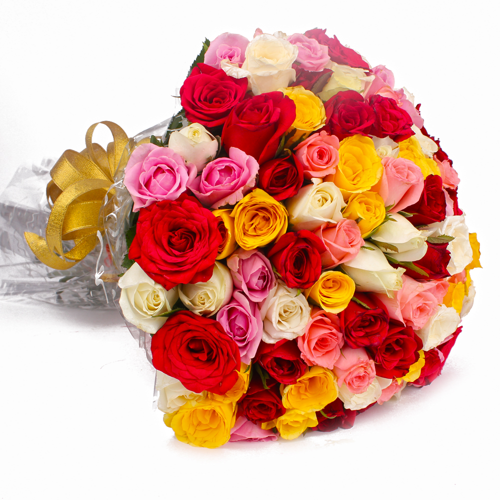 Fifty Multi Color Roses Hand Tied Bouquet