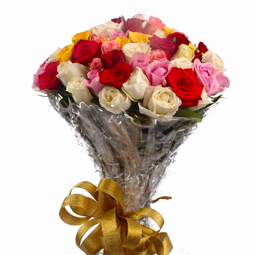 Fifty Multi Color Roses Hand Tied Bouquet