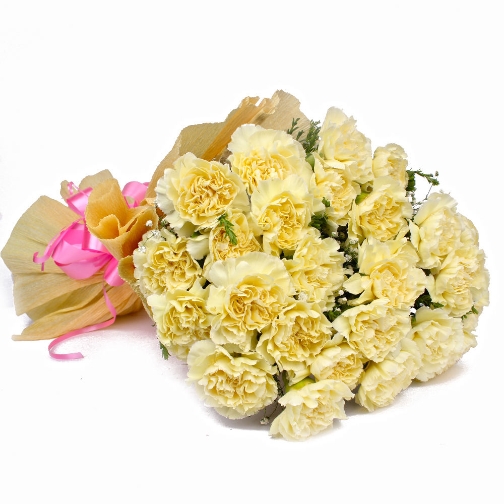 Twenty Five Light Yellow Carnations in Tissue Wrapped