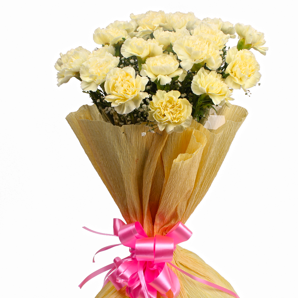 Twenty Five Light Yellow Carnations in Tissue Wrapped