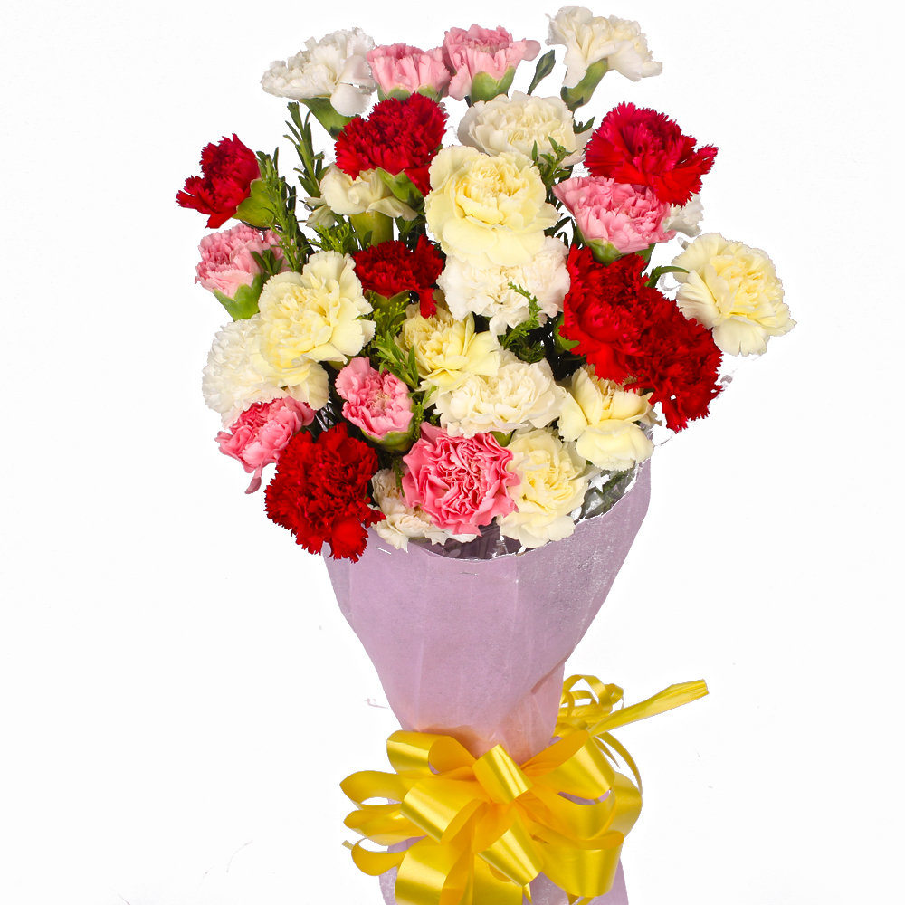 Twenty Two Colorful Carnations Bouquet Tissue Wrapped