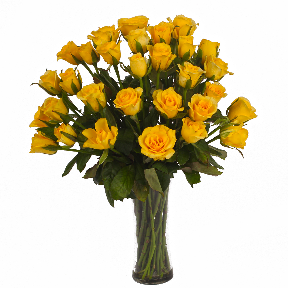 Thirty Yellow Roses in Glass Vase