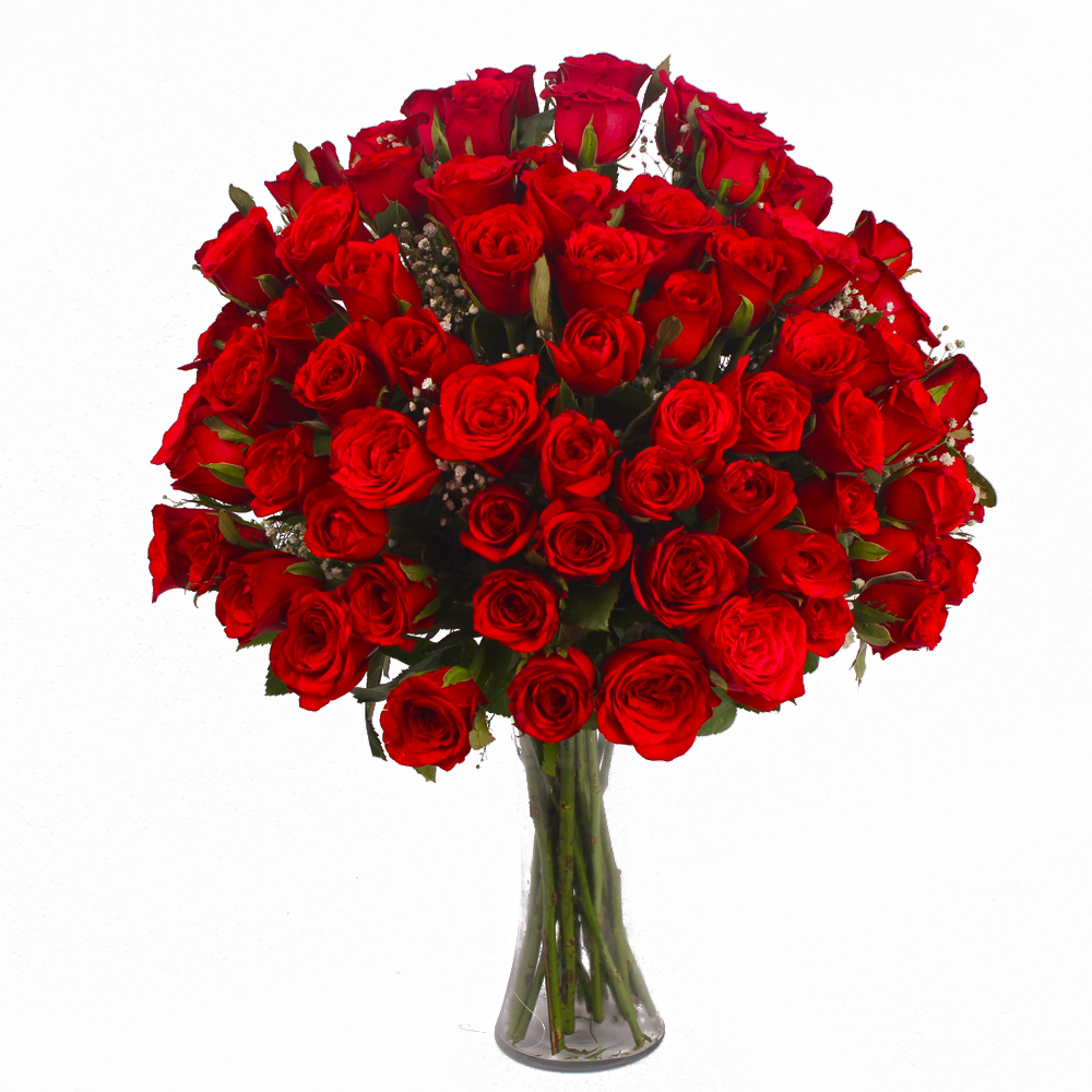 Seventy Red Roses in Glass Vase