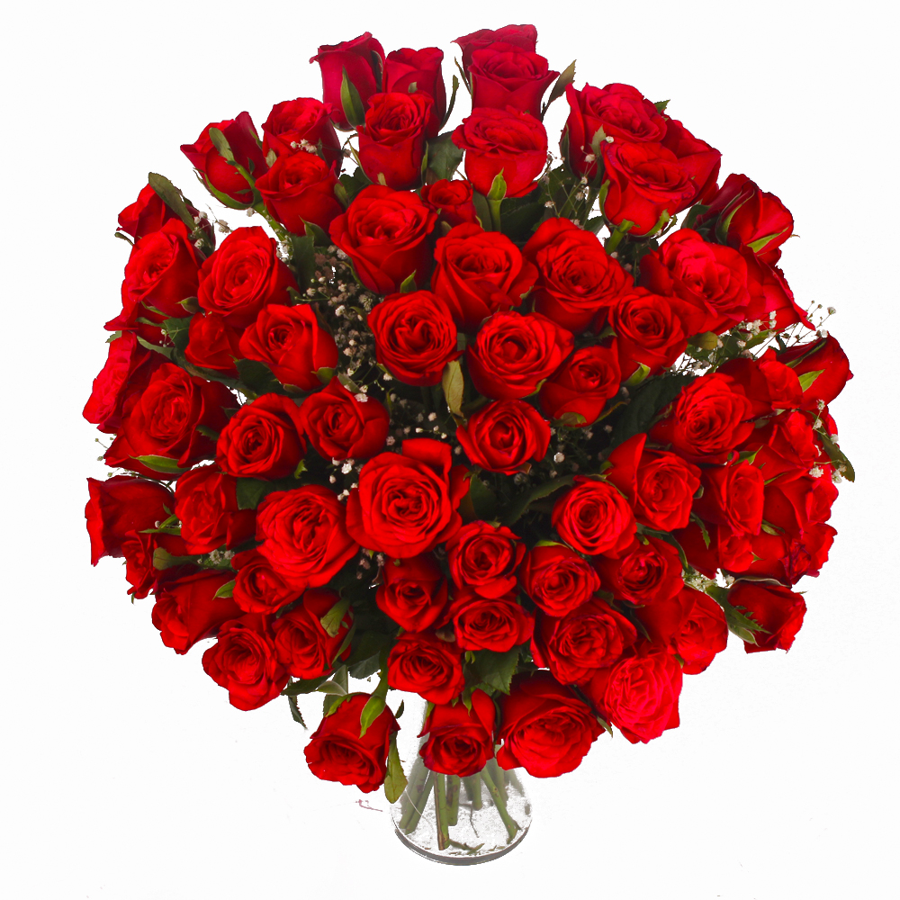 Seventy Red Roses in Glass Vase