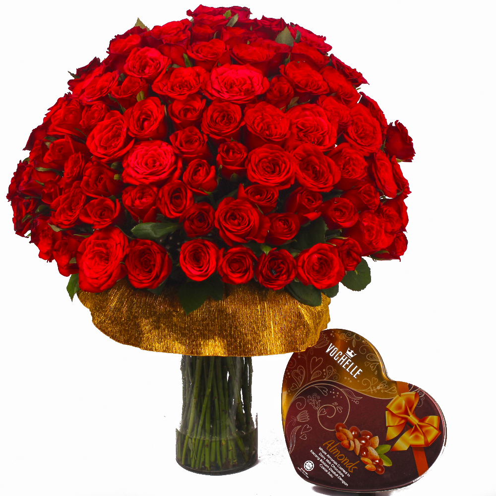 Red Roses in Vase with Almond Chocolates