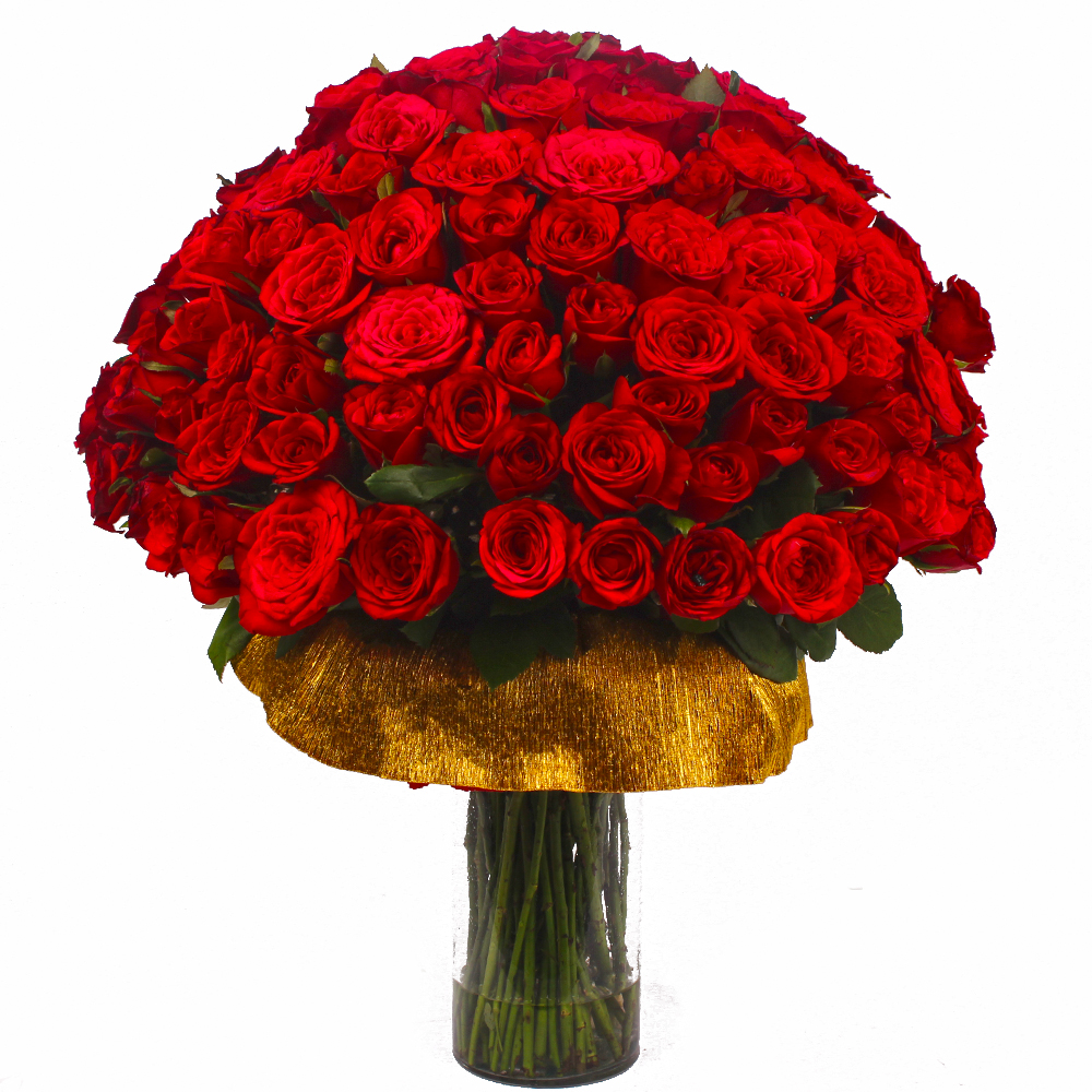 Red Roses in Vase with Almond Chocolates