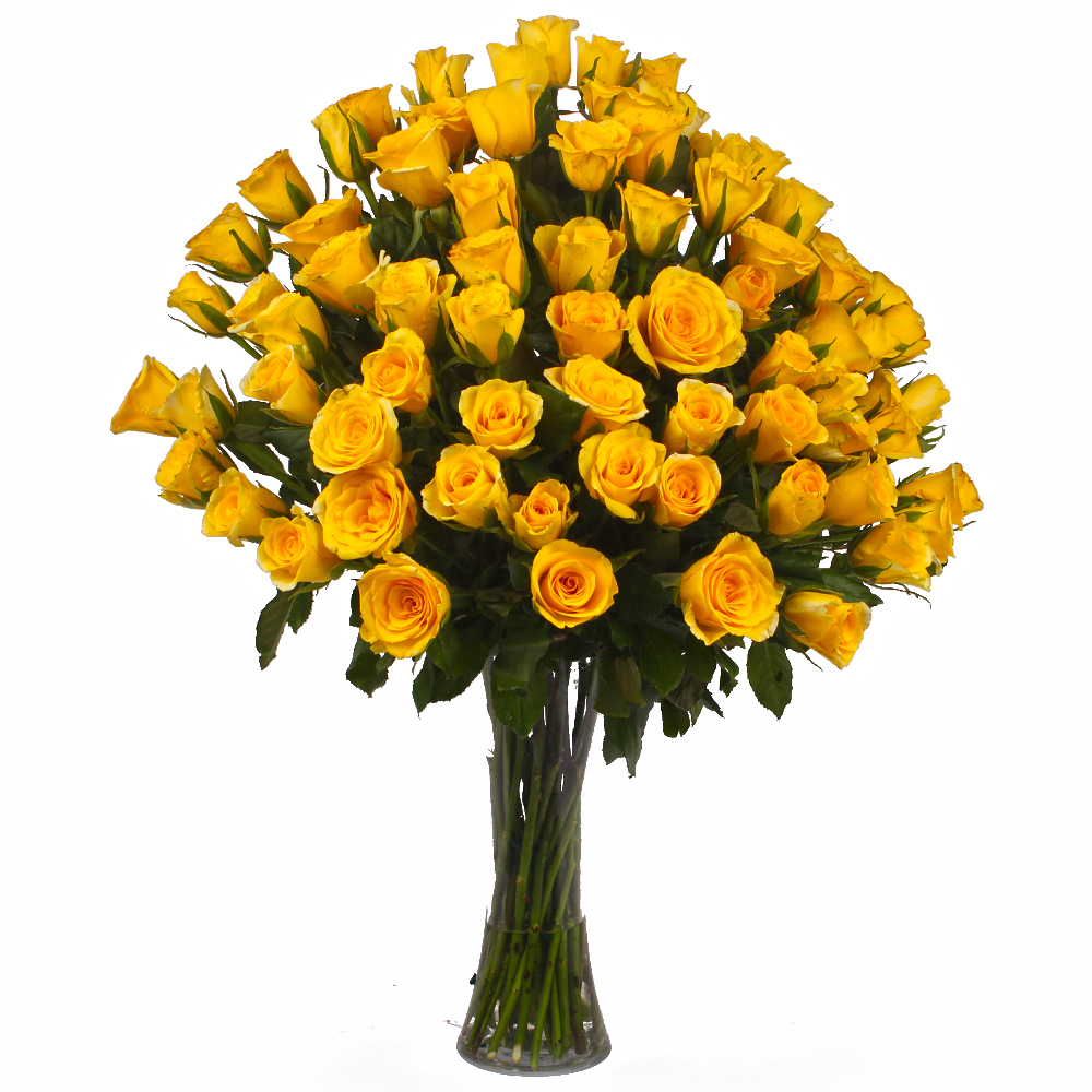 Seventy Five Yellow Roses in a Glass Vase